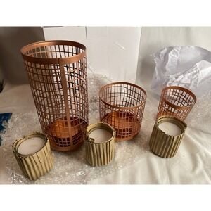 KRIXOT Etched Candle Holders Set of 3 Copper Metal Mesh Votive Lanterns with Wax
